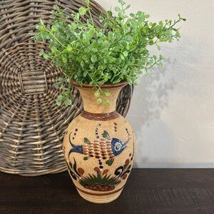 Tonala Vase Signed Fish Pottery Mexican Folk Studio Art